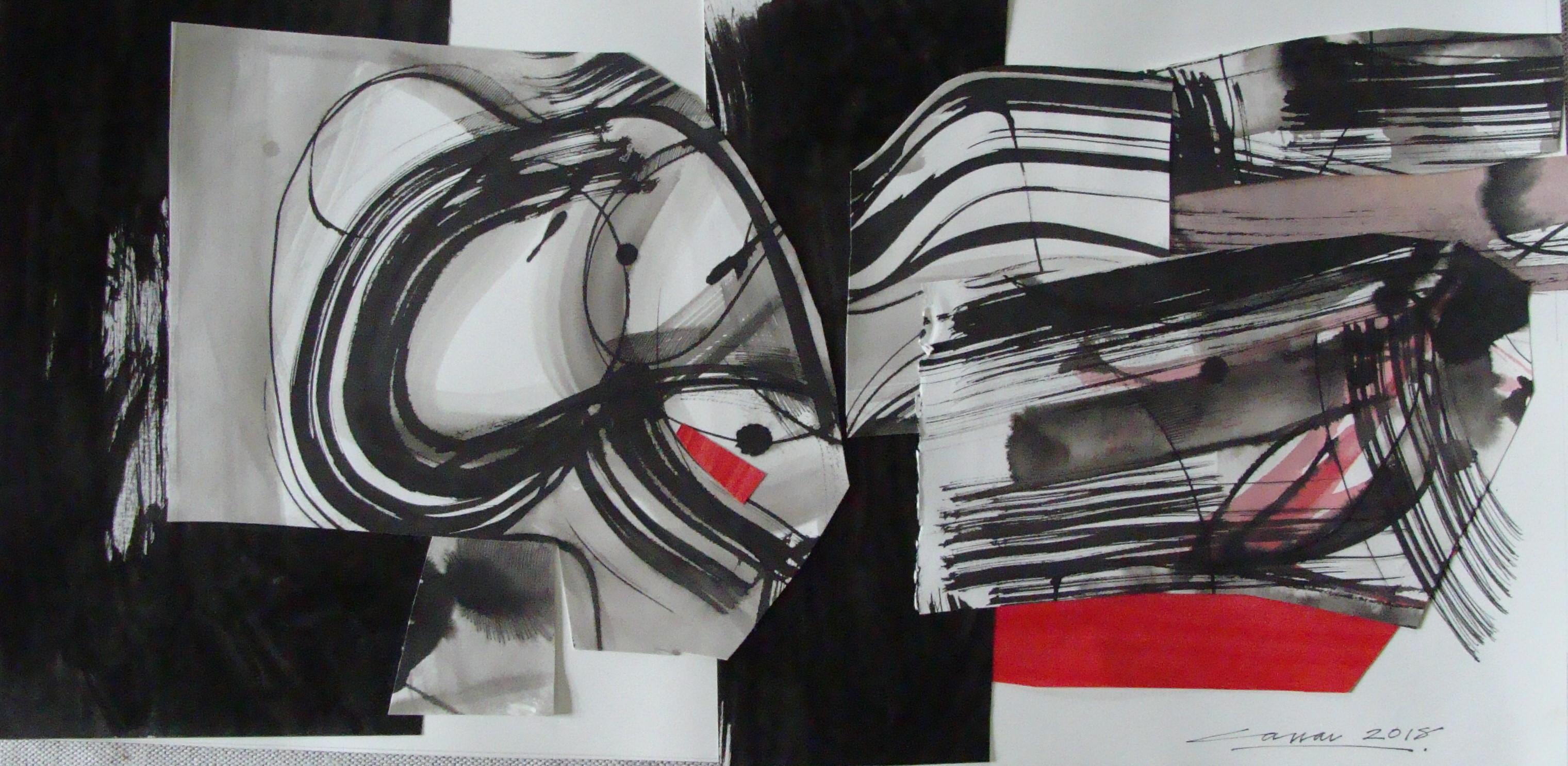 Afro-Red: India Ink & Collage, 15 x 45cm, signed, 2018