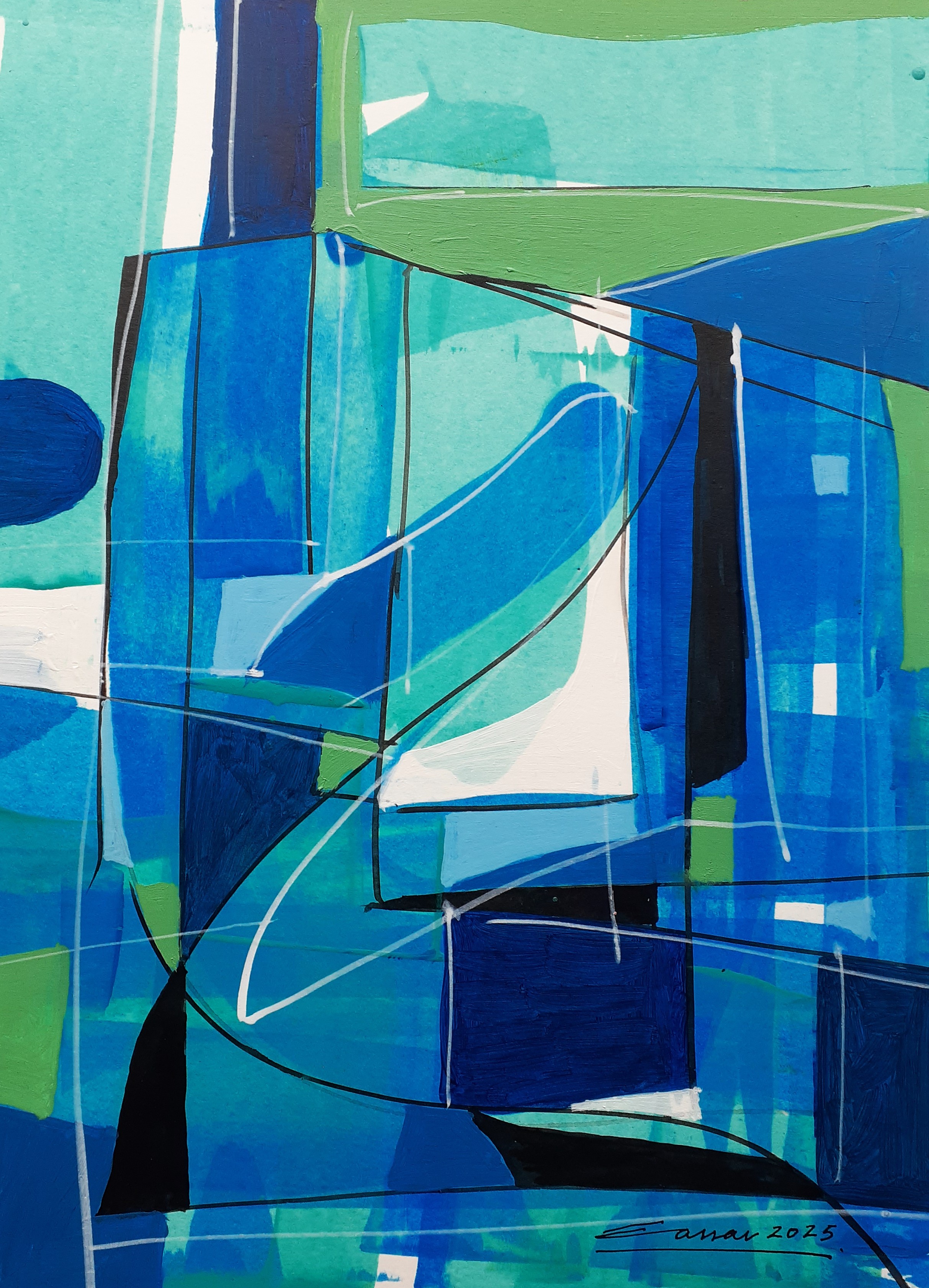 Blue Composition I: Acrylic on Paper, 25 x 20cm, 2025