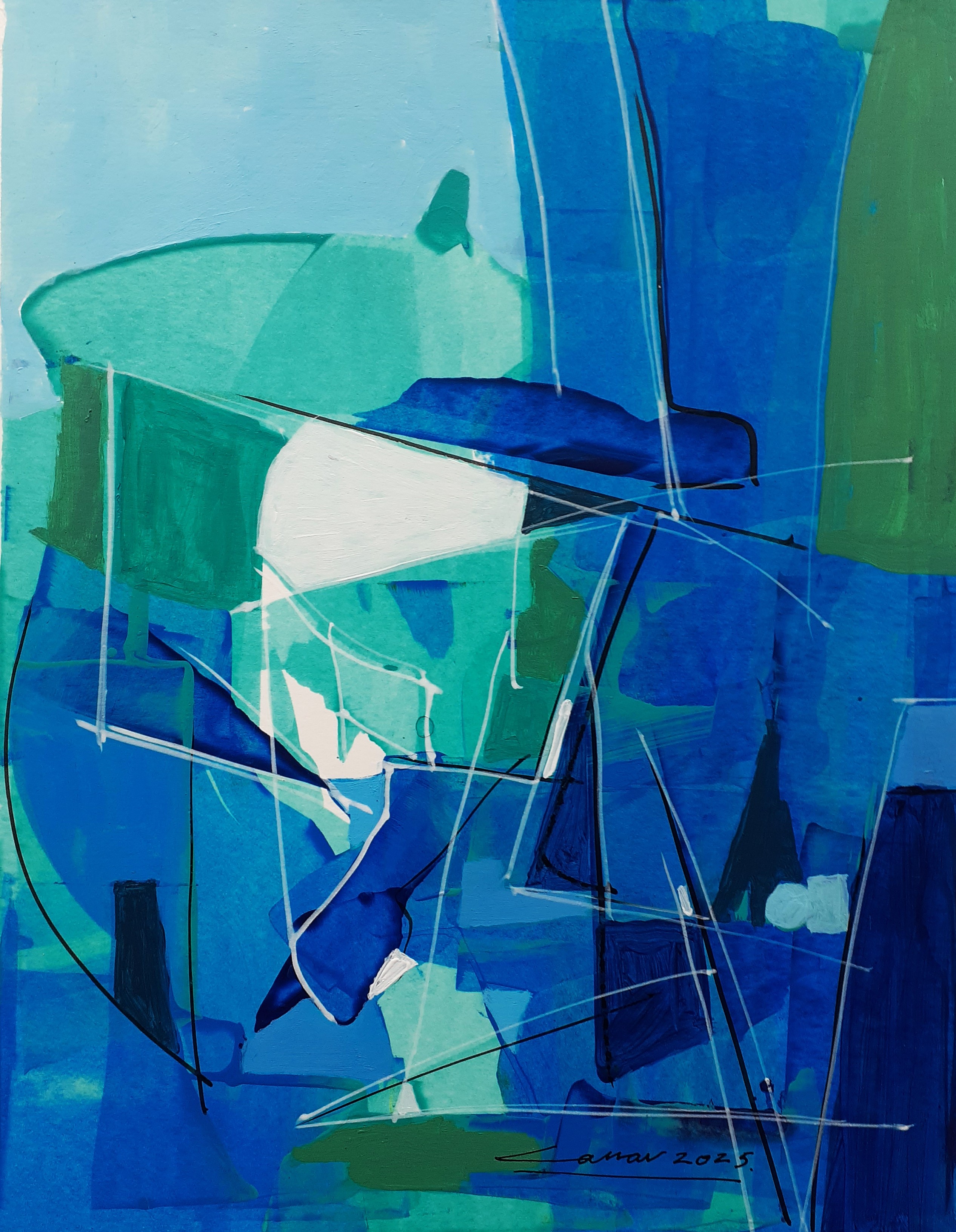 Blue Composition II: Acrylic on Paper, 25 x 20cm, 2025