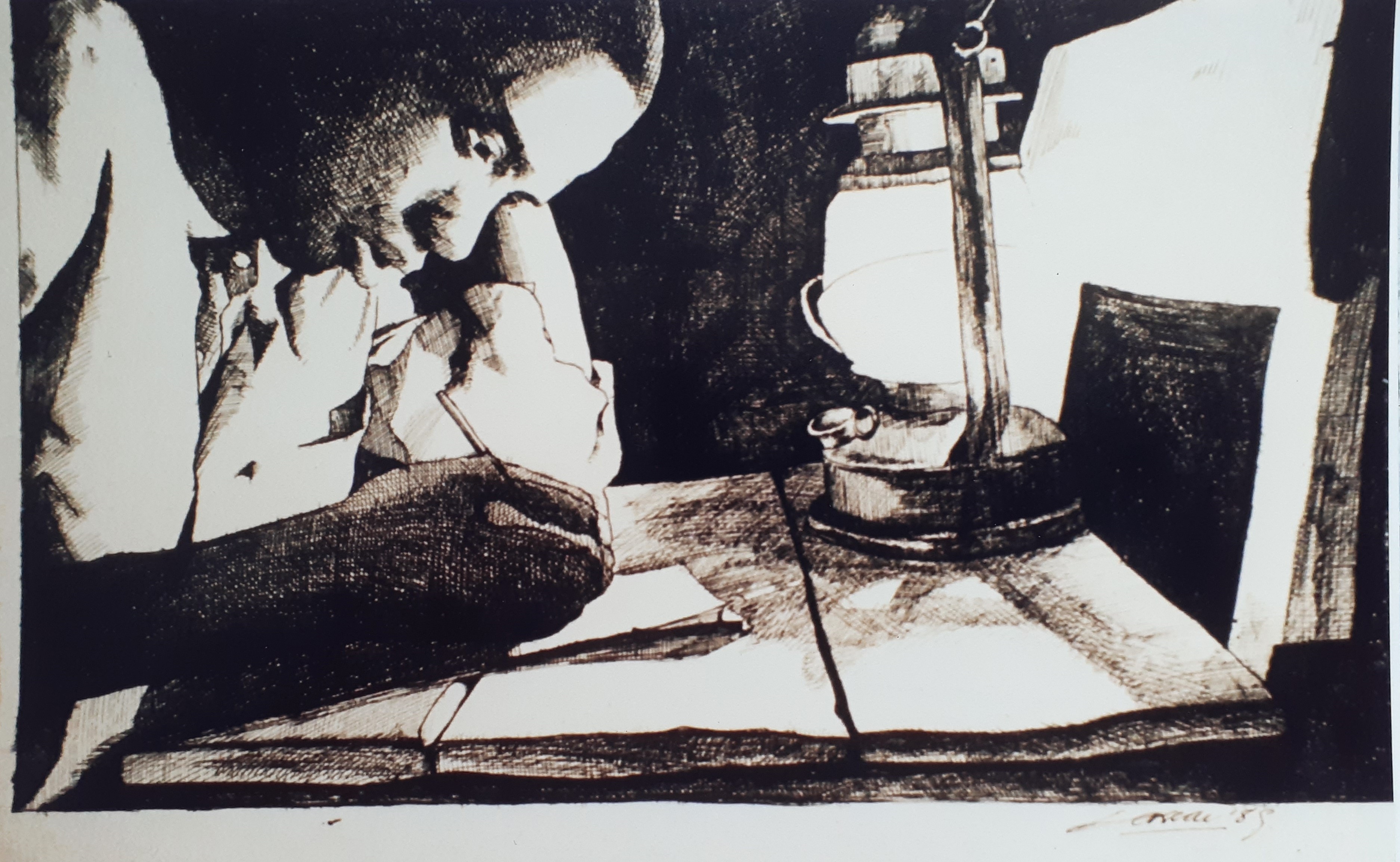 By the Lamp Light: Pen & Ink, 24 x 40cm, signed, 1988