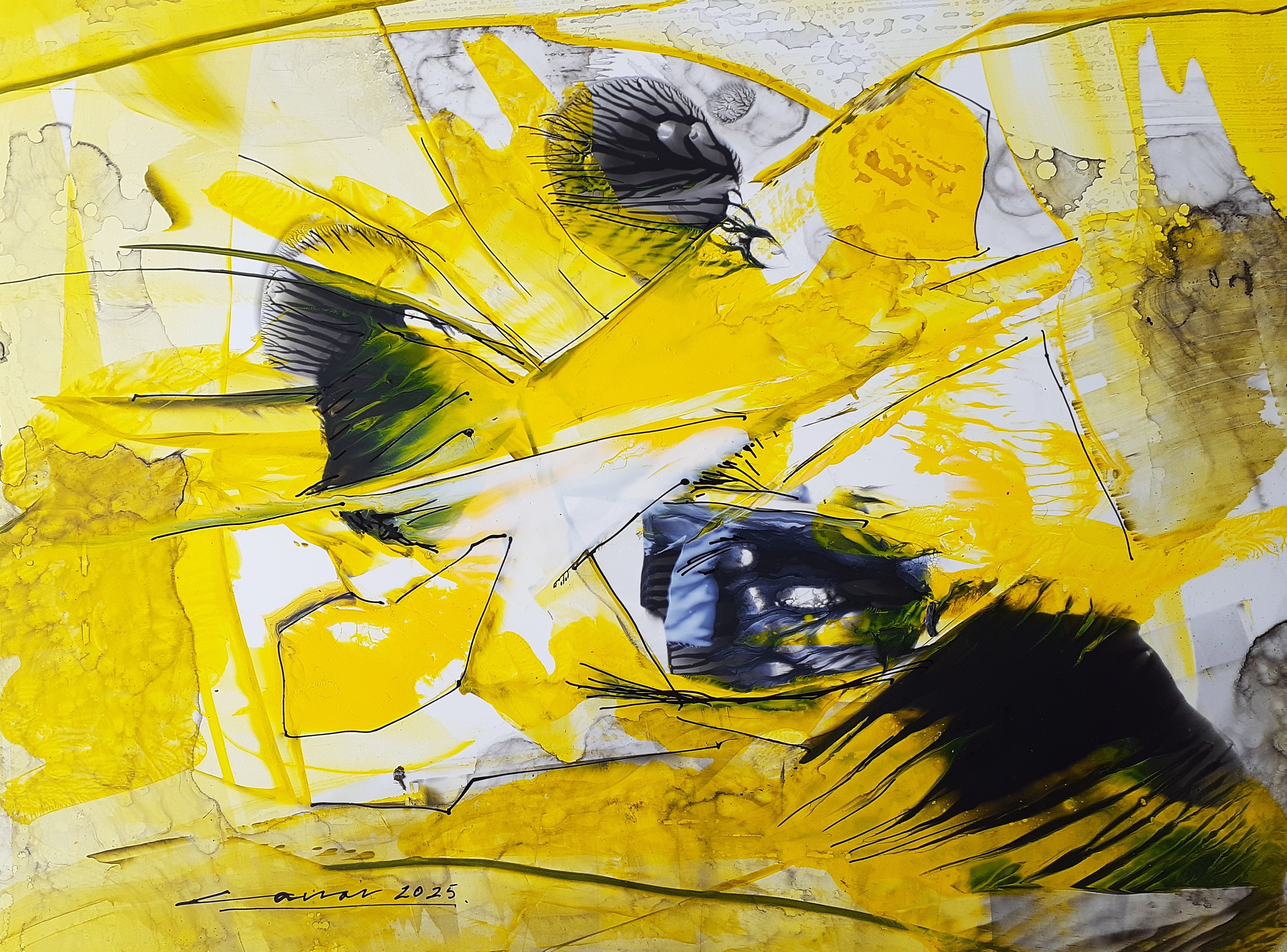 Composition in Yellow, Black and White III: Acrylic on Paper, 20 x 25cm, 2025
