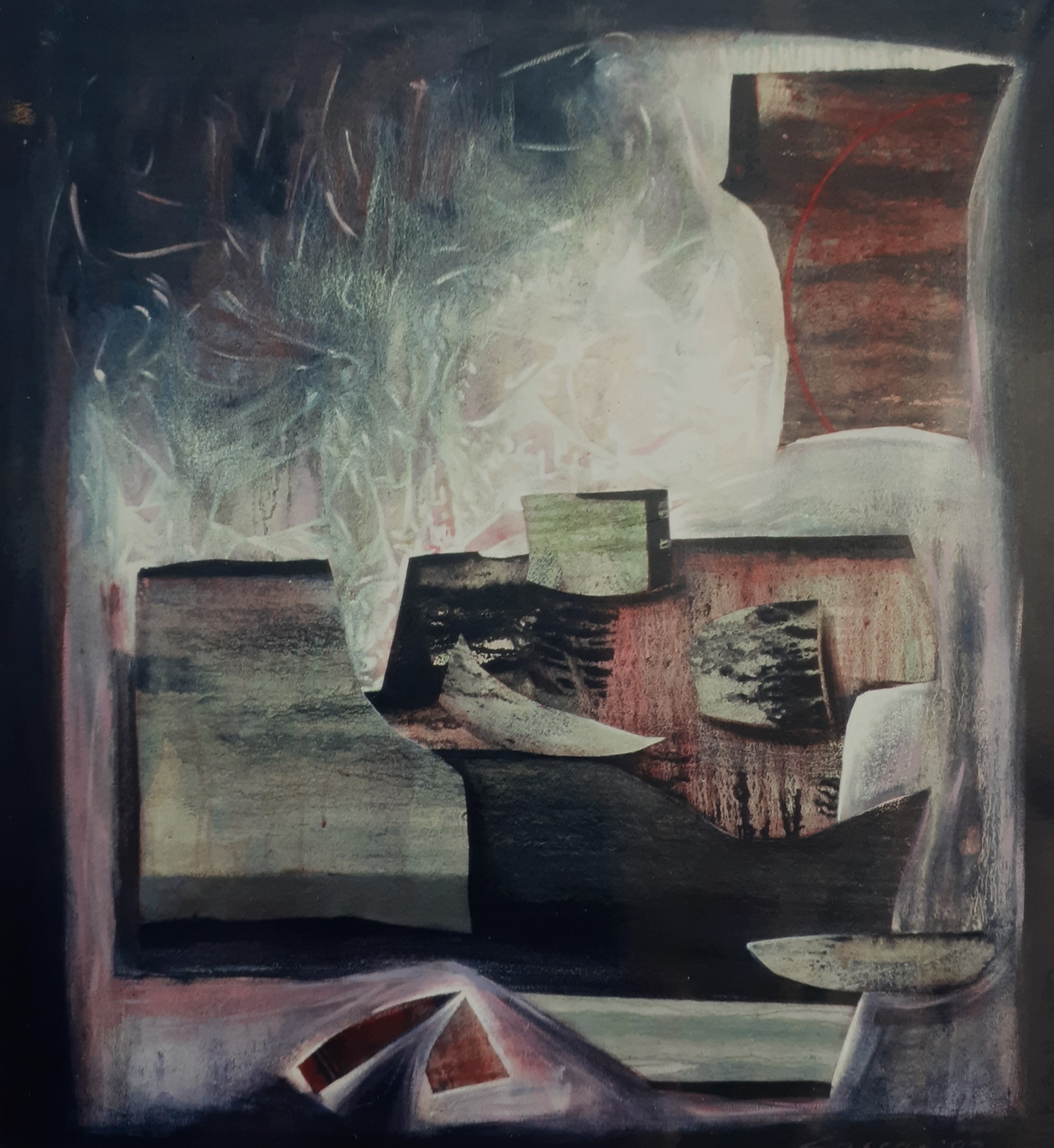 Composition with Black, Grey & Red: Oil & Collage on Canvas, 96 x 89cm, signed, 1997
