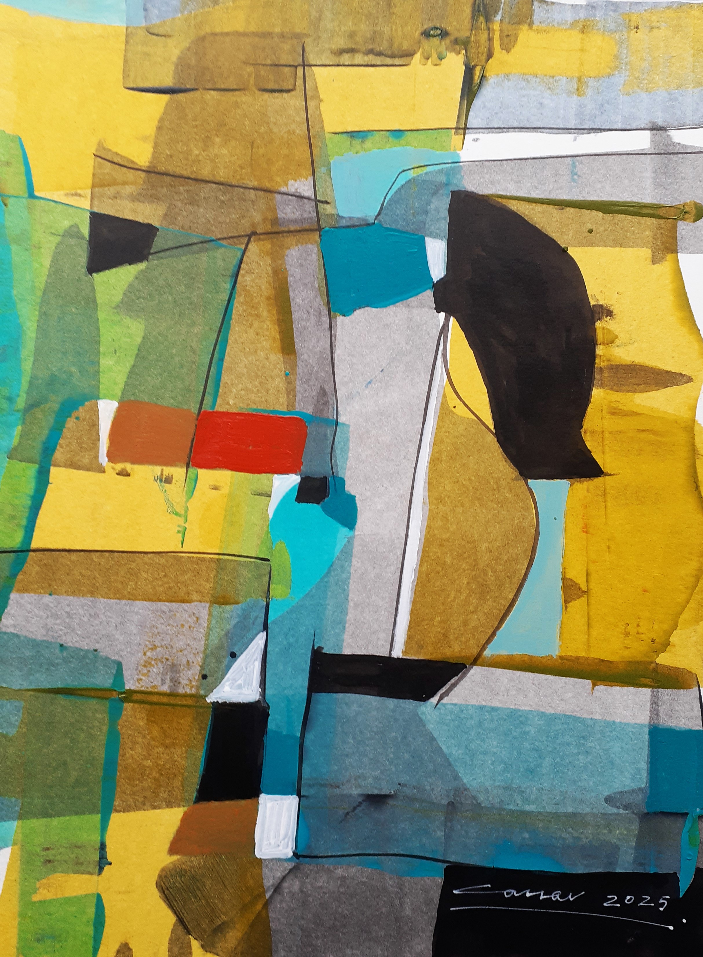 Conposition in Grey, Yellow and Blue I: Acrylic on Paper, 25 x 20cm, 2025