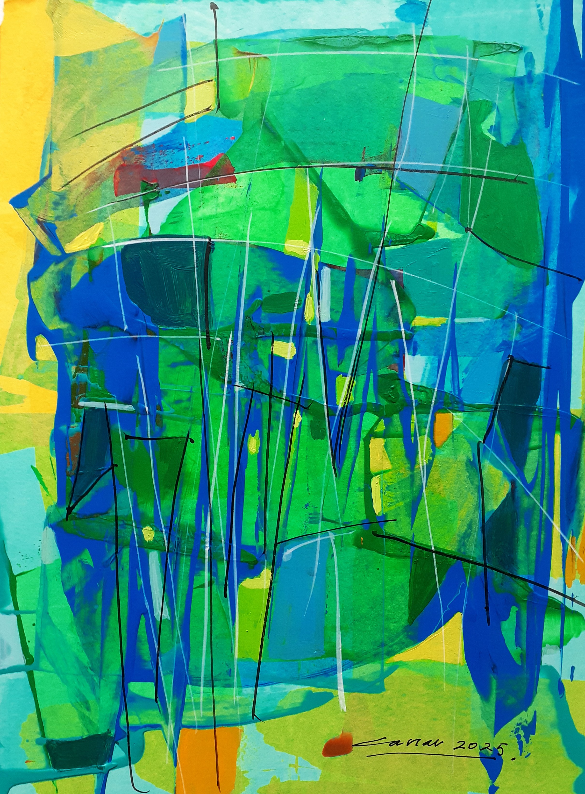 Green and Blue Composition: Acrylic on Paper, 25 x 20cm, 2025