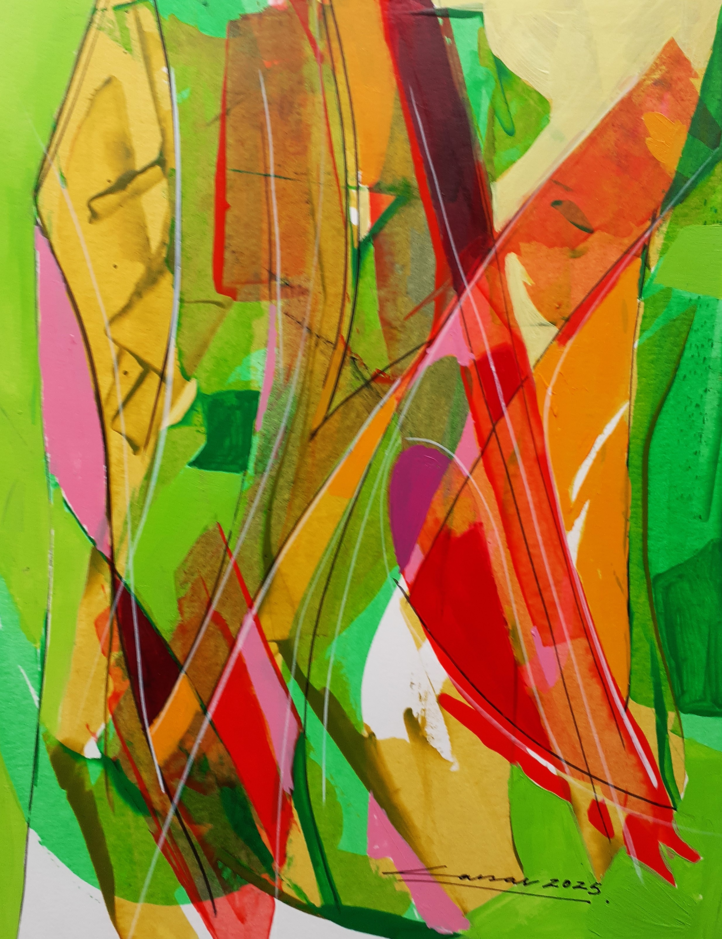 Green and Orange Composition: Acrylic on Paper, 25 x 20cm, 2025