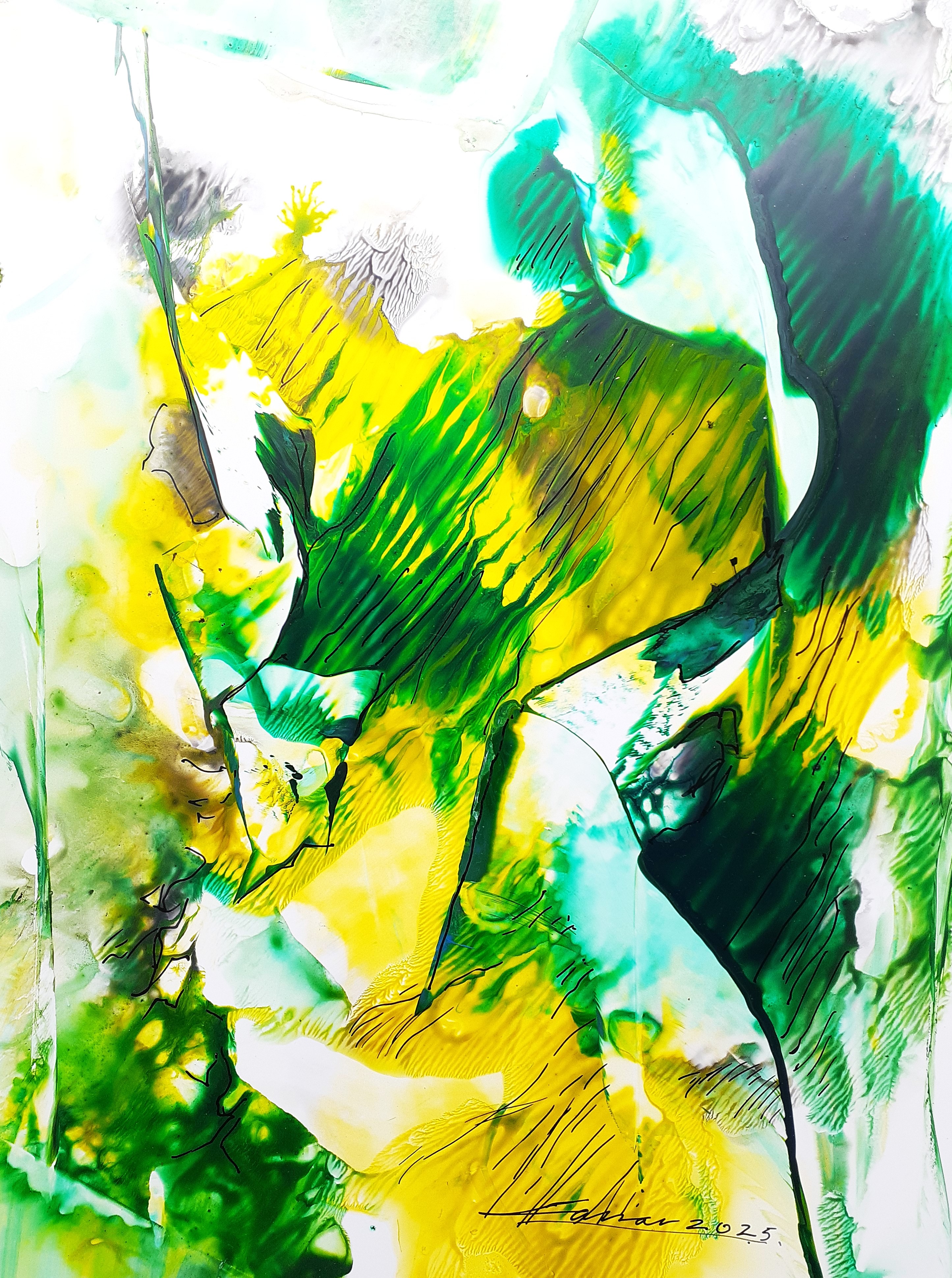 Greena and Yellow Composition: Acrylic on Paper, 25 x 20cm, 2025