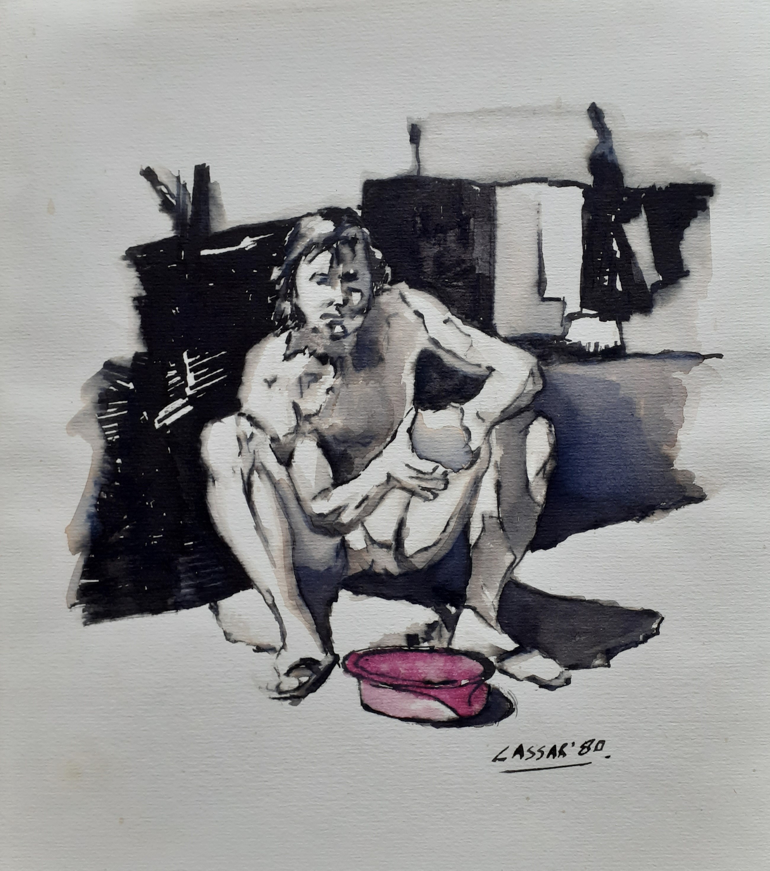 Man with Sphere: Watercolour, 27 x 27cm, signed, 1980