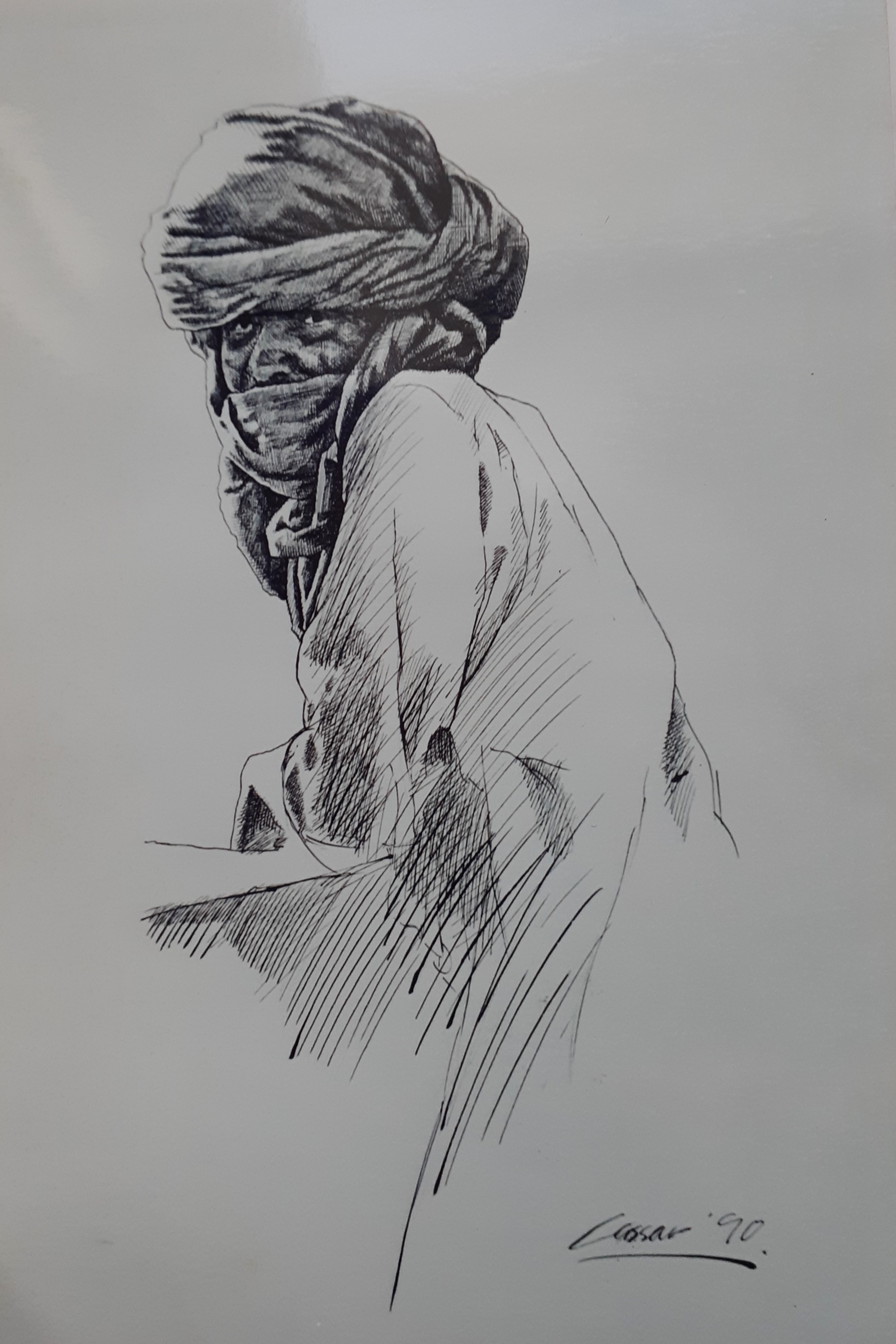 Man with Turban: Pen & Ink, 60 x 30cm, signed, 1990