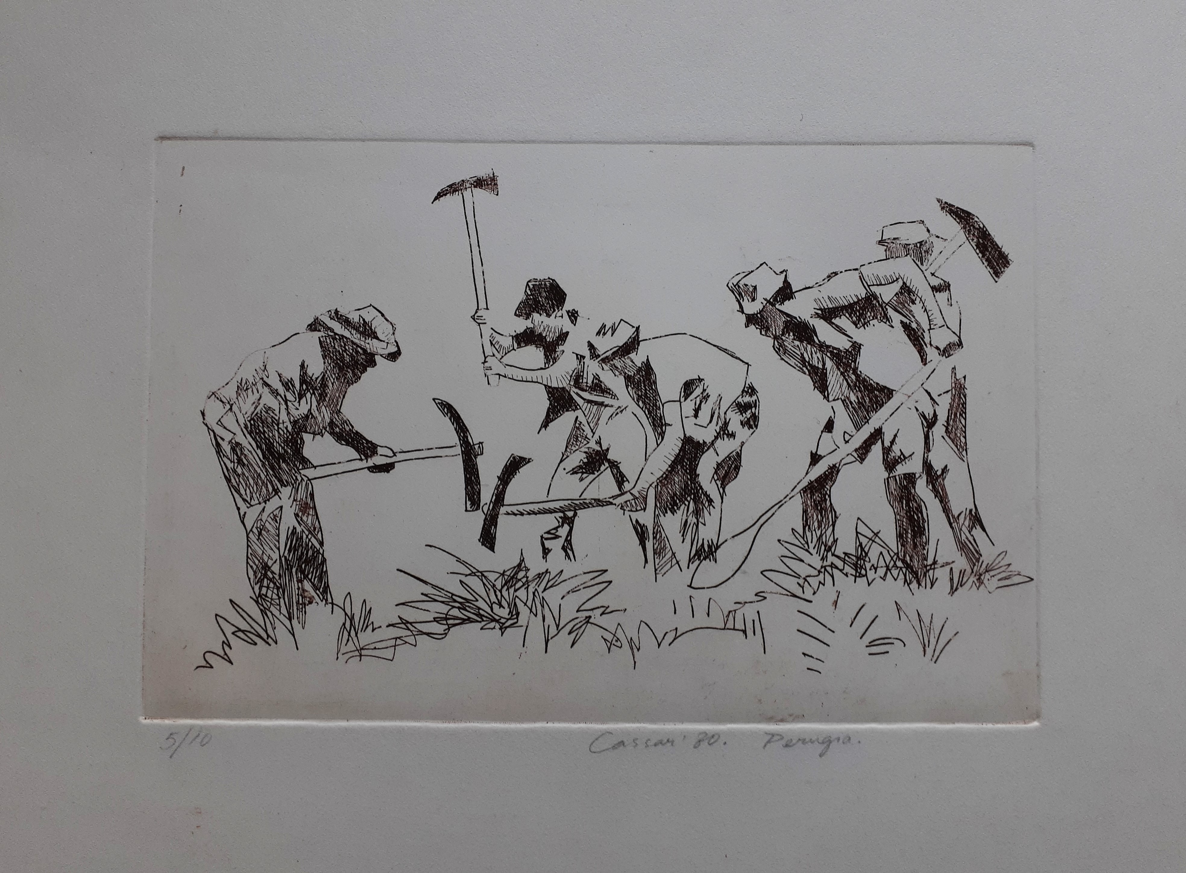 Men Working: Etching, 25 x 35cm, signed, 1980