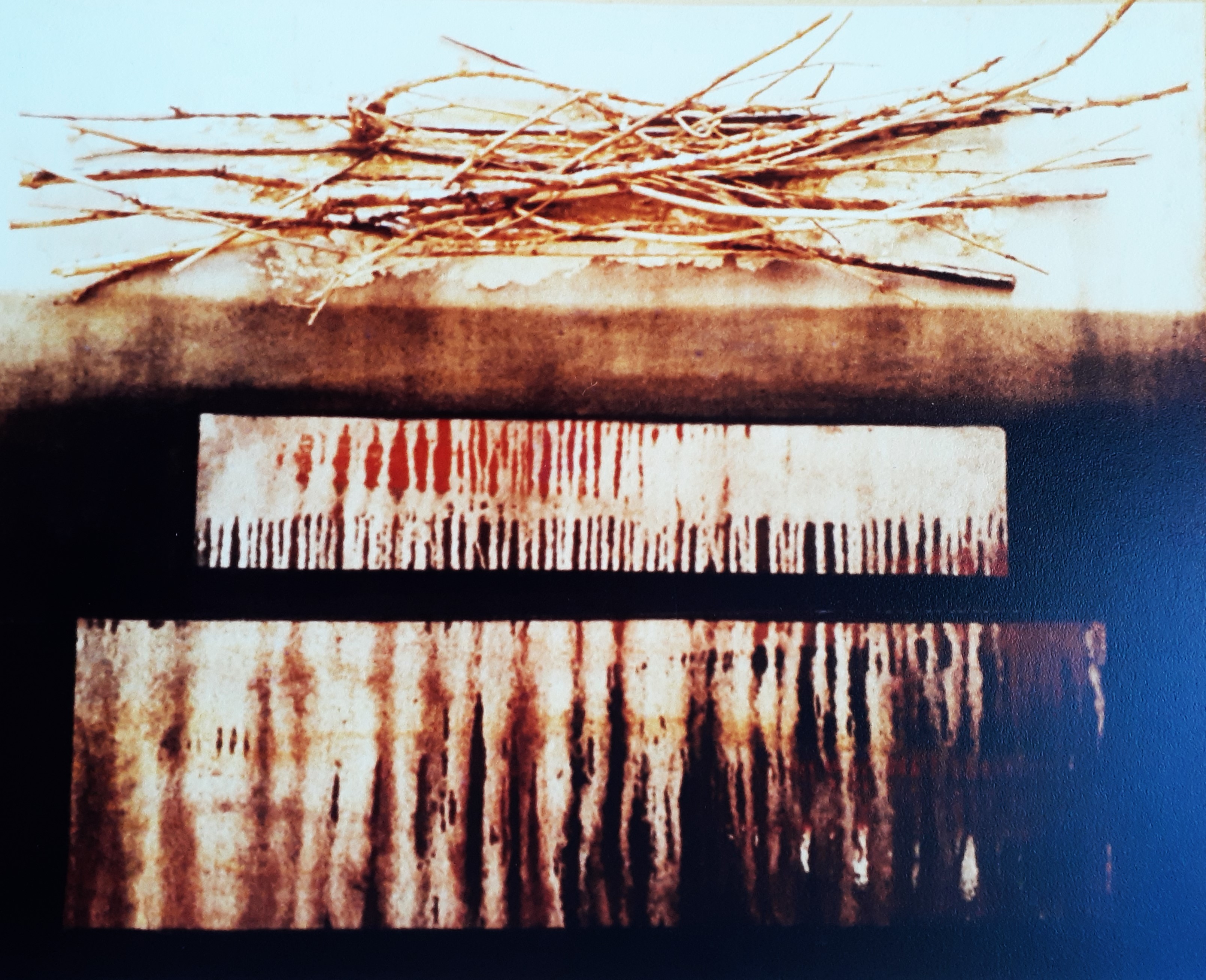 Natura Morta, Oil, Twigs, White Cement, Fibre-Glass on Canvas, 60 x 96cm, signed, 1984