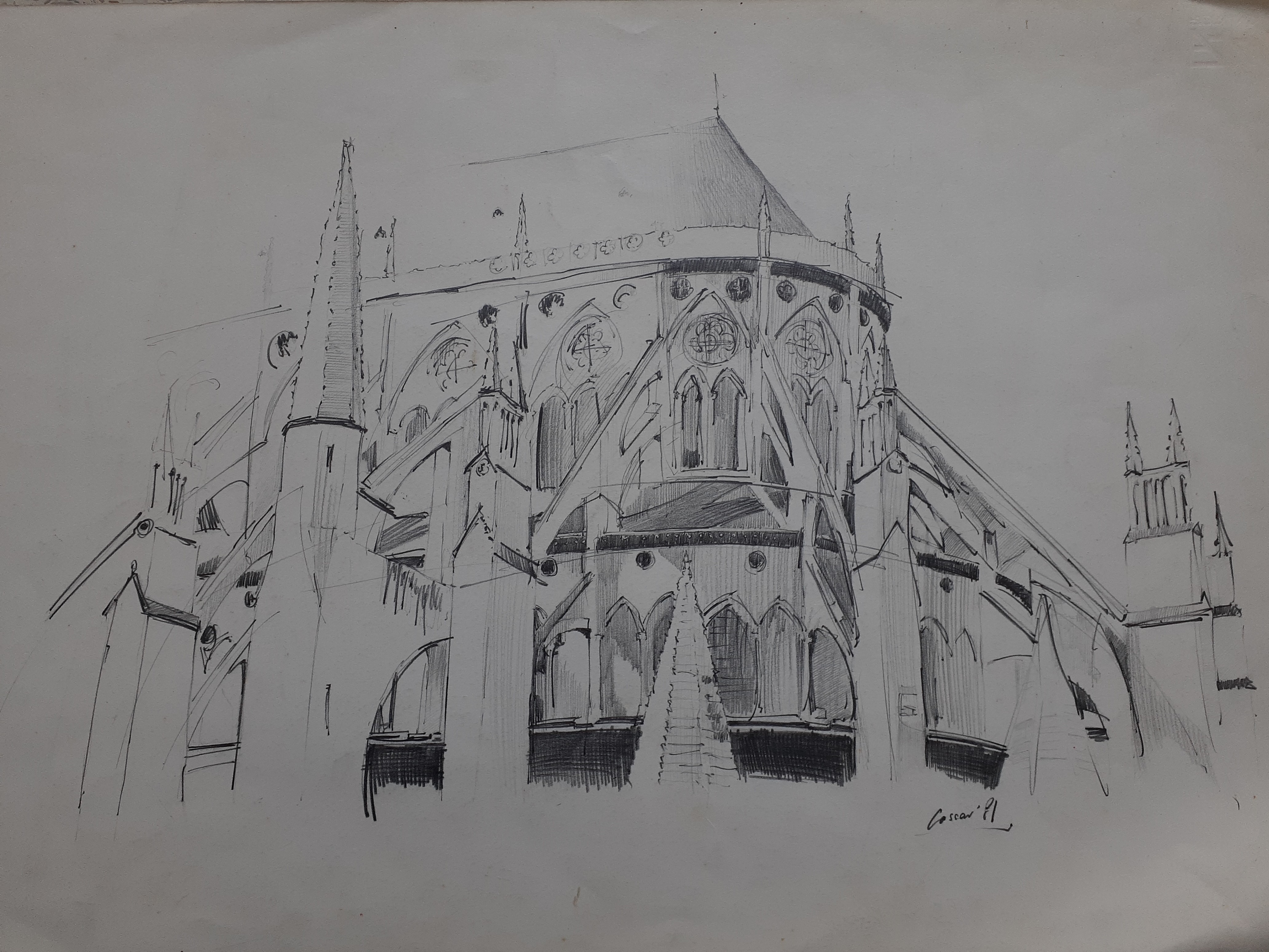 Notre Dame: Pencil, 55 x 101cm, signed, 1981
