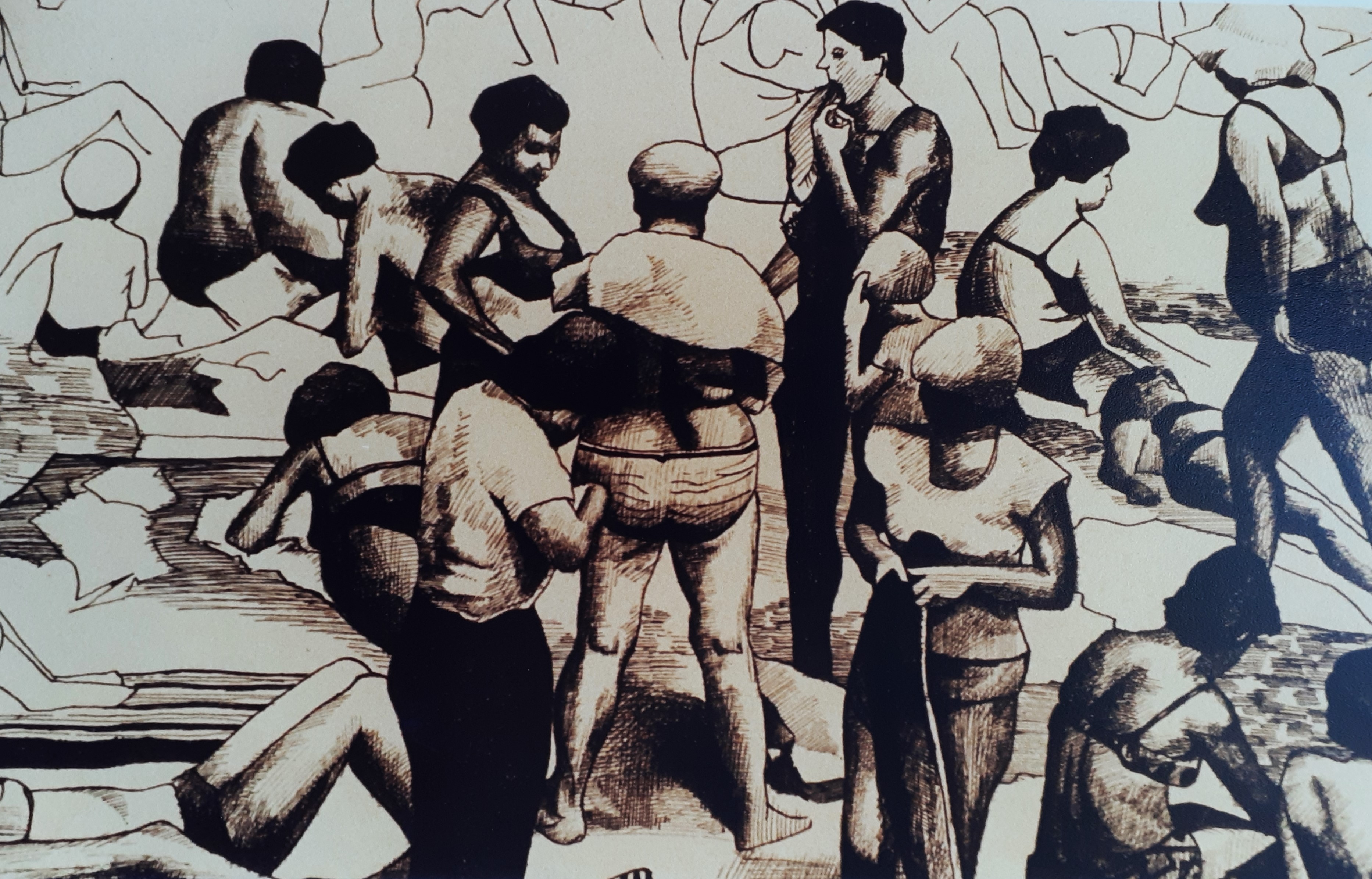 On the Beach: Pen & Ink, 30 x 60cm, unsigned, undated