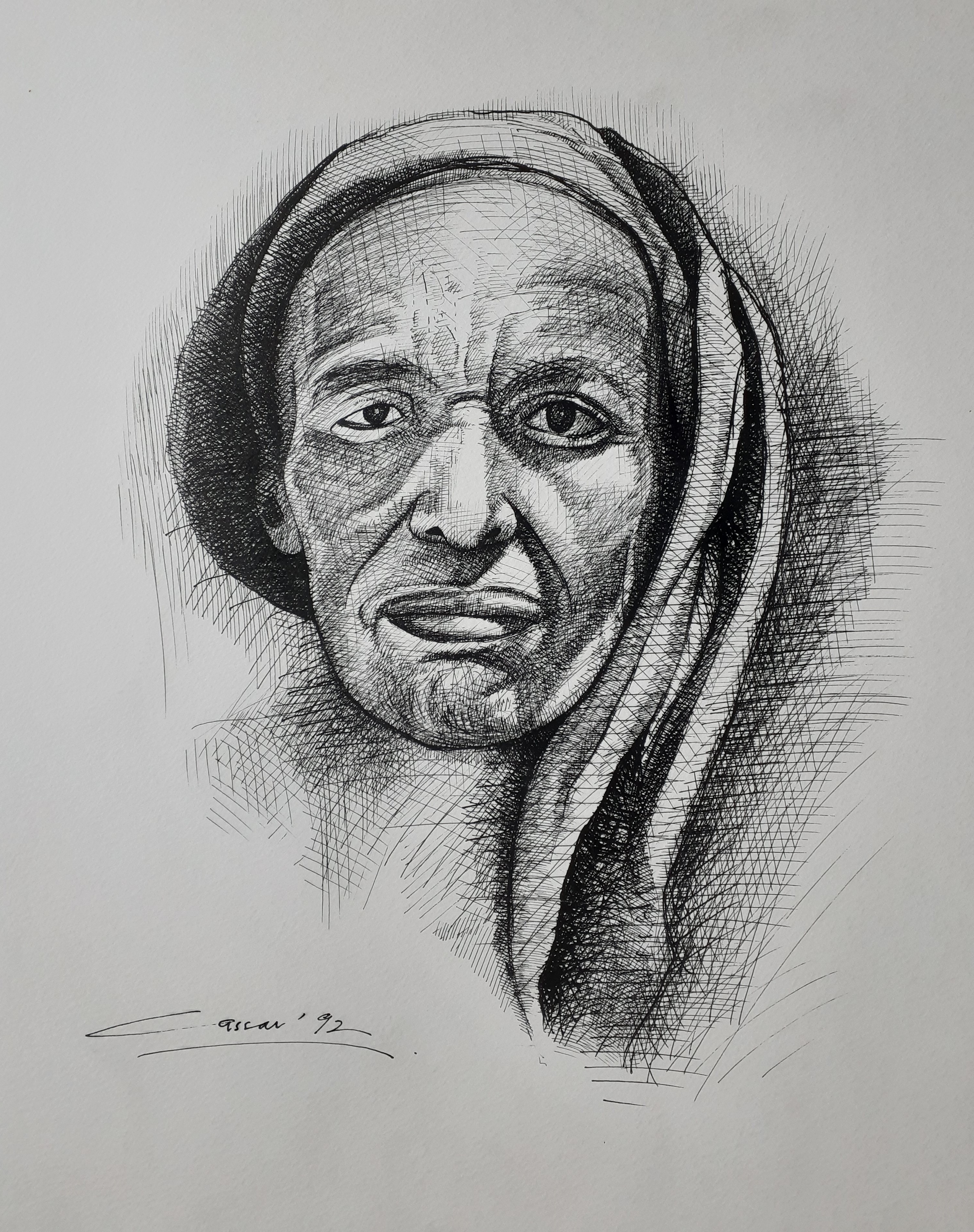 Portrait of a Somali Nomad: Pen & Ink, 43 x 25cm, signed, 1992