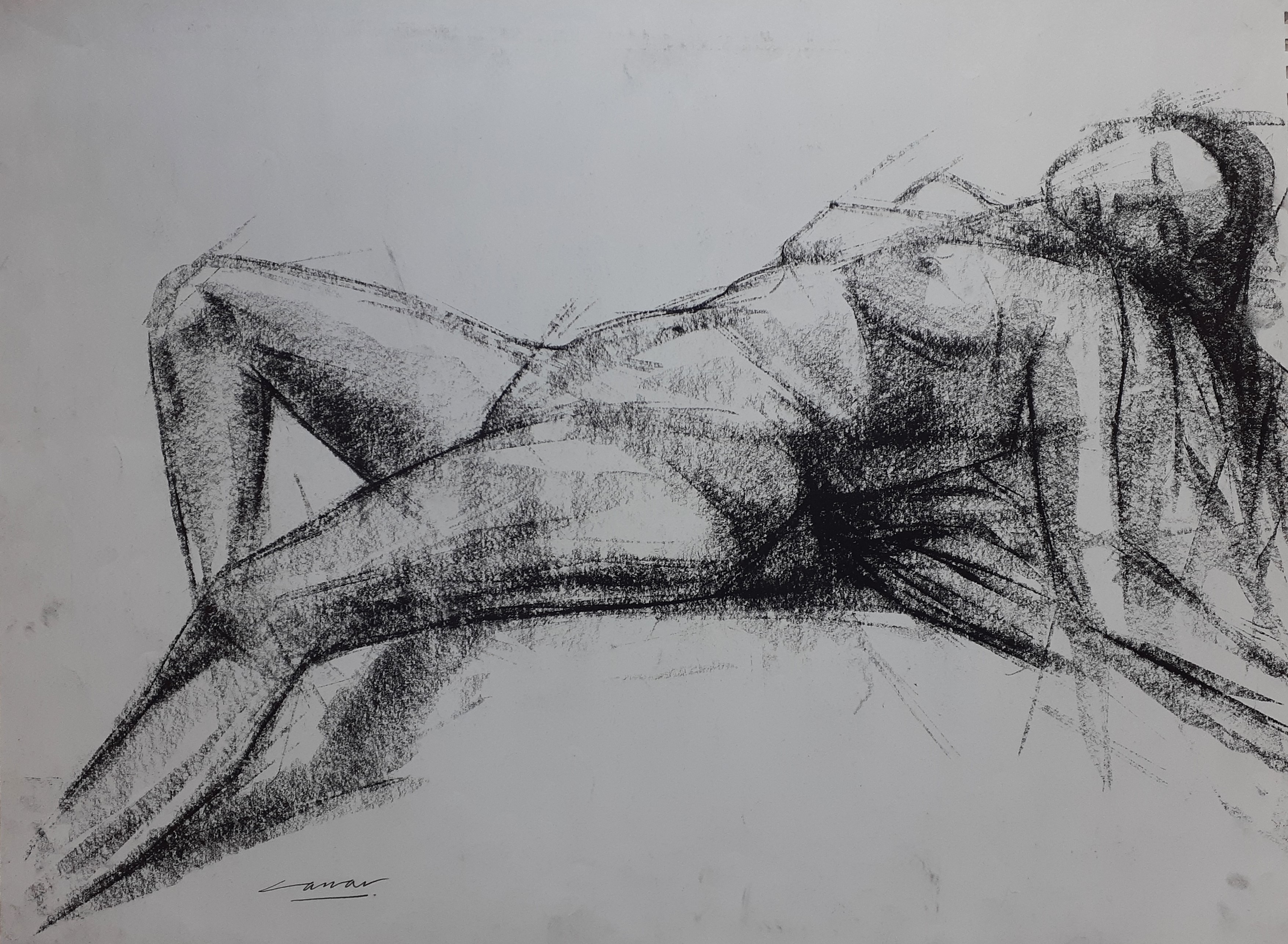 Reclining Nude II: Charcoal, 55 x 101cm, signed, undated