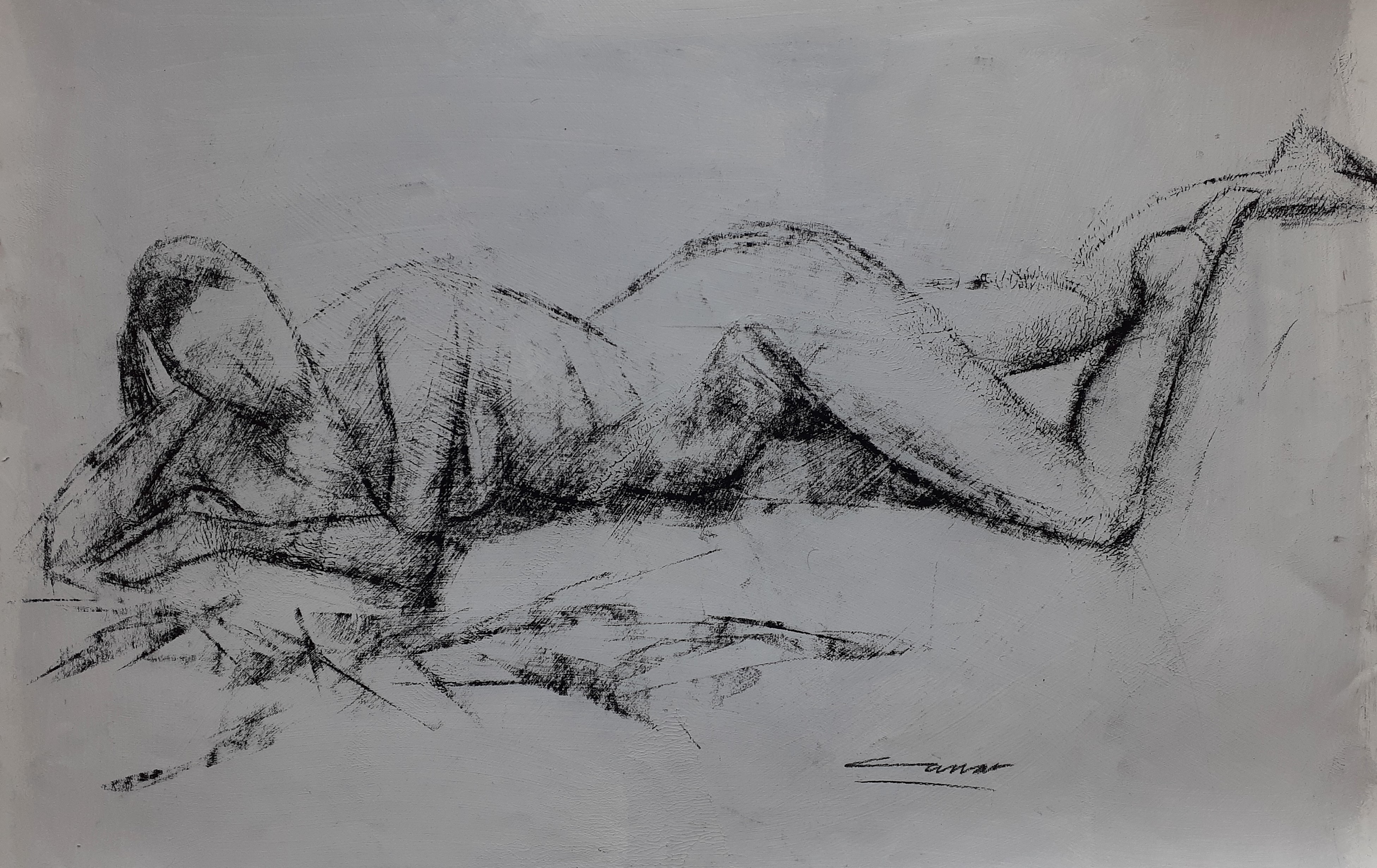Reclining Nude III: Charcoal, 55 x 101cm, signed, undated
