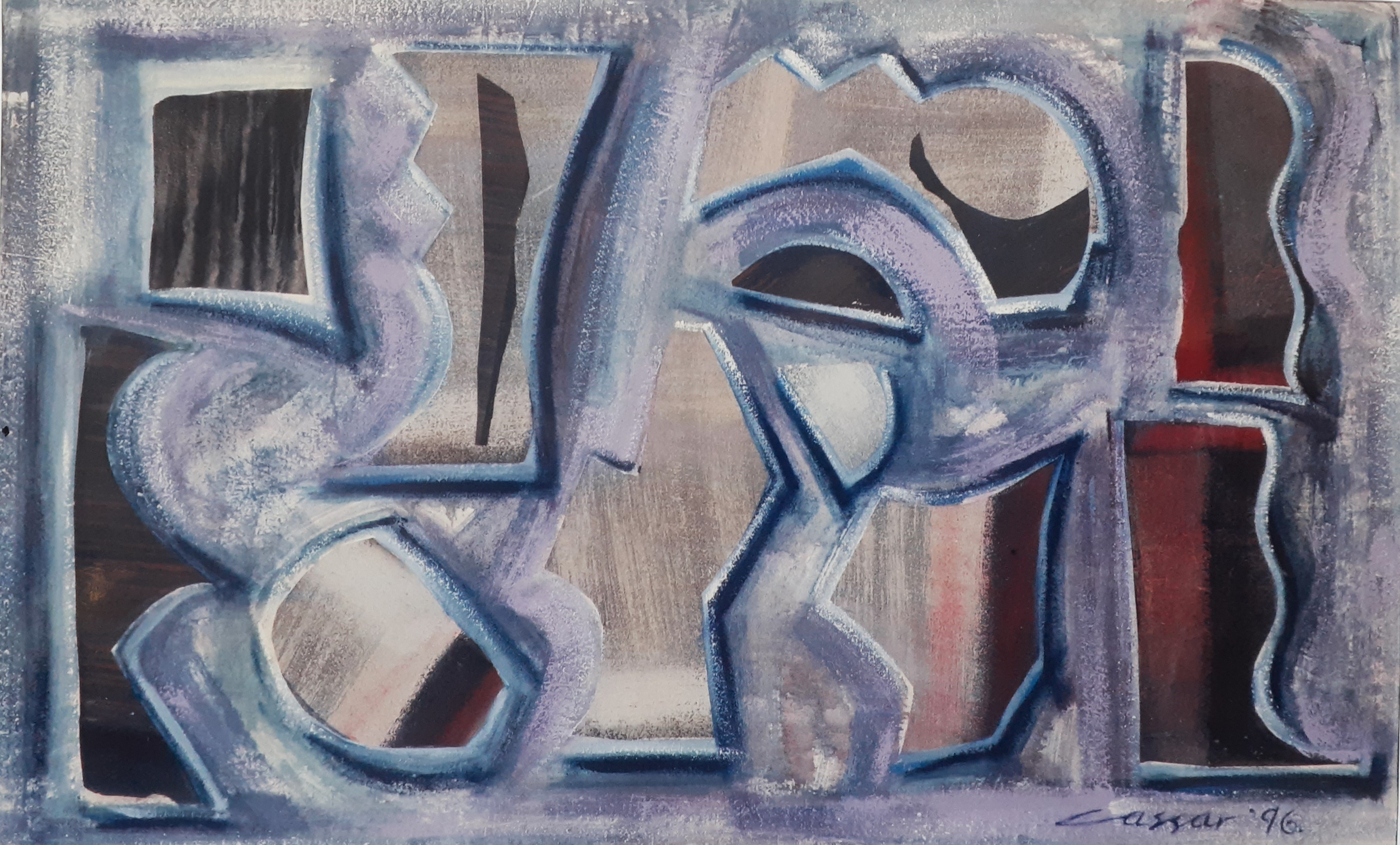 Relationship of Fragnented Forms: Oil & Collage on Canvas, 69 x 112cms, signed, 1996