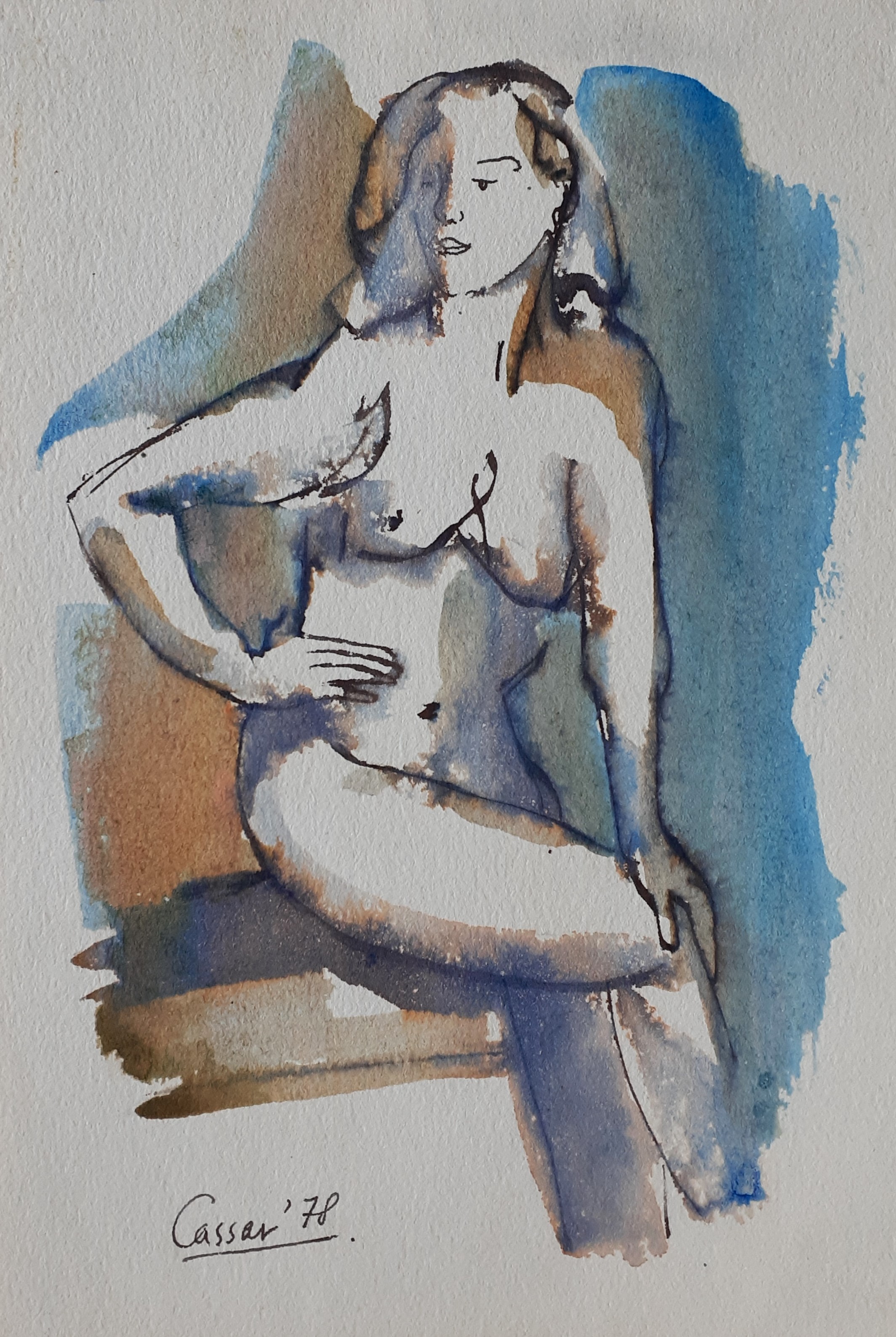 Seated Nude: Watercolor, 27 x 16cm, signed, 1978