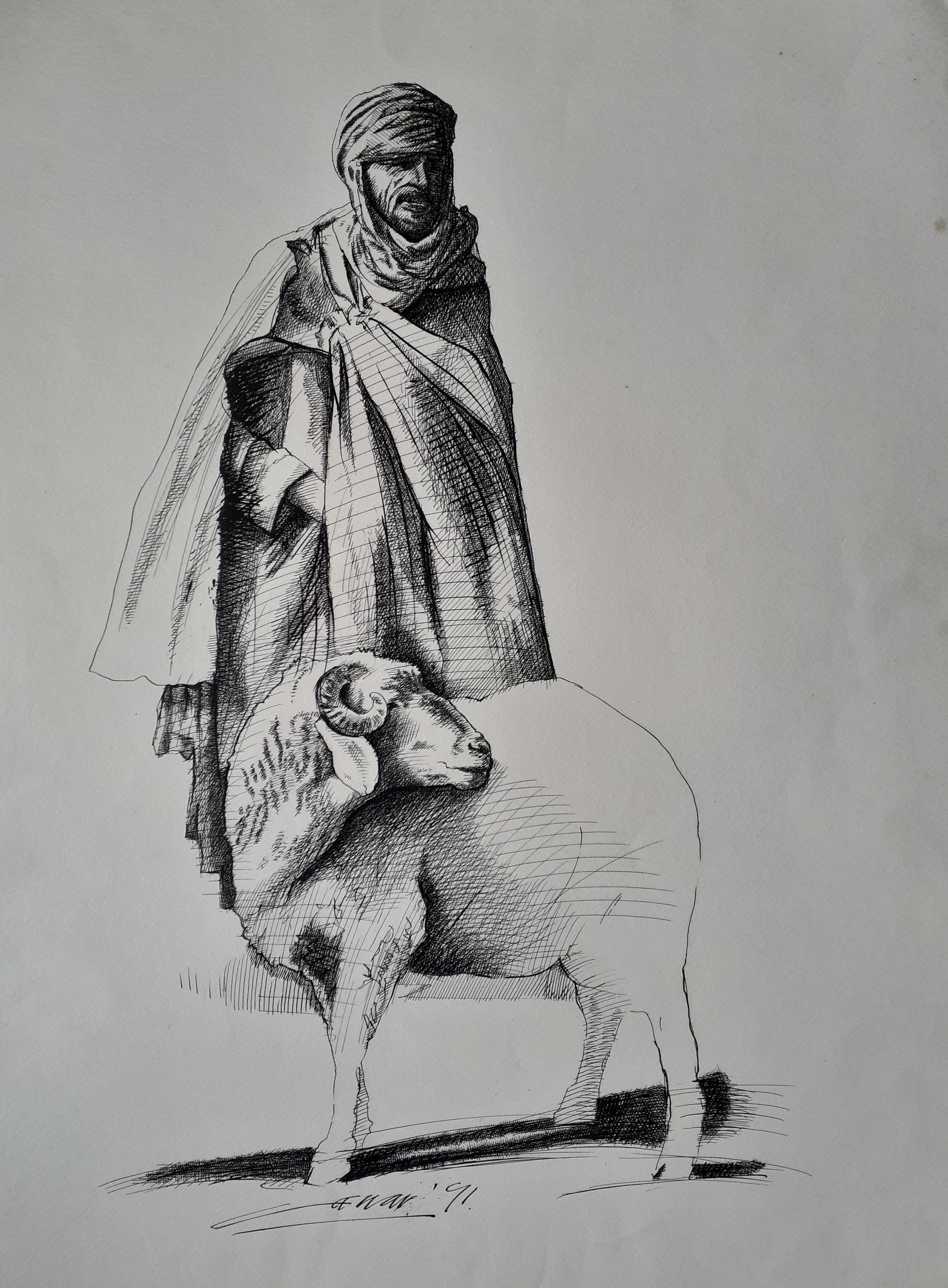 Shepherd: Pen & Ink, 60 x 30cm, signed, 1991