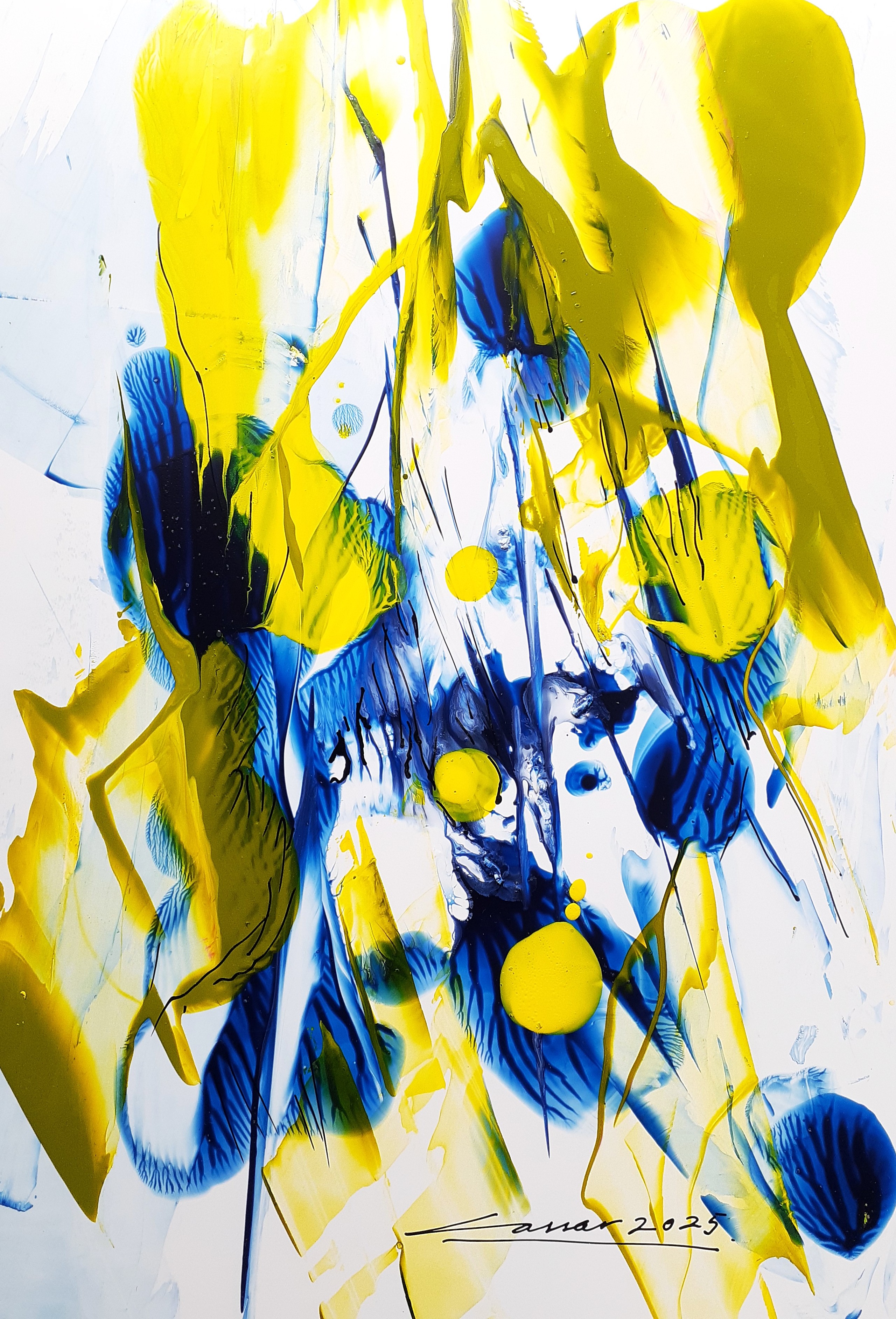Three Yellow Circles: Acrylic on Paper, 25 x 20cm, 2025